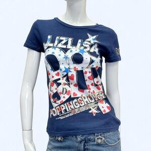 Liz Lisa Doll Graphic Tee Y2K Navy Star Heart Fitted Womens M, glitter graphic T
